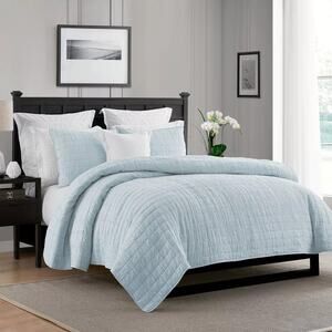 Swift Home Enzyme Washed Crinkle Quilted Bedspread Light Blue Full / Queen